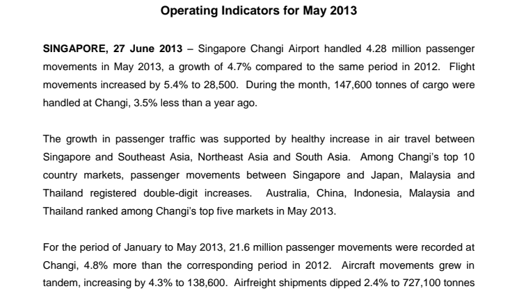 Operating Indicators for May 2013