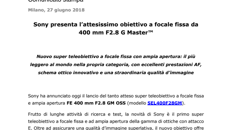 Sony presenta l’attesissimo obiettivo a focale fissa da 400 mm F2.8 G Master™ 