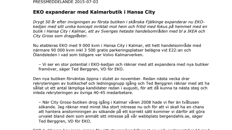EKO expanderar med Kalmarbutik i Hansa City