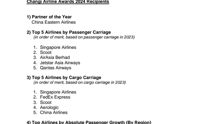 Annex A - Changi Airline Awards 2024 Recipients