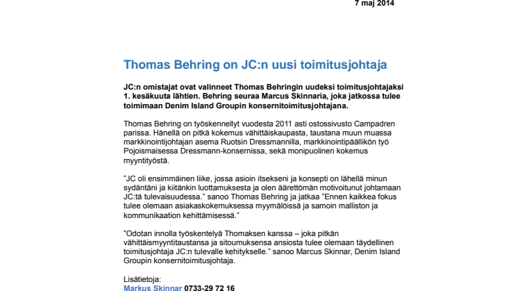 Thomas Behring on JC:n uusi toimitusjohtaja