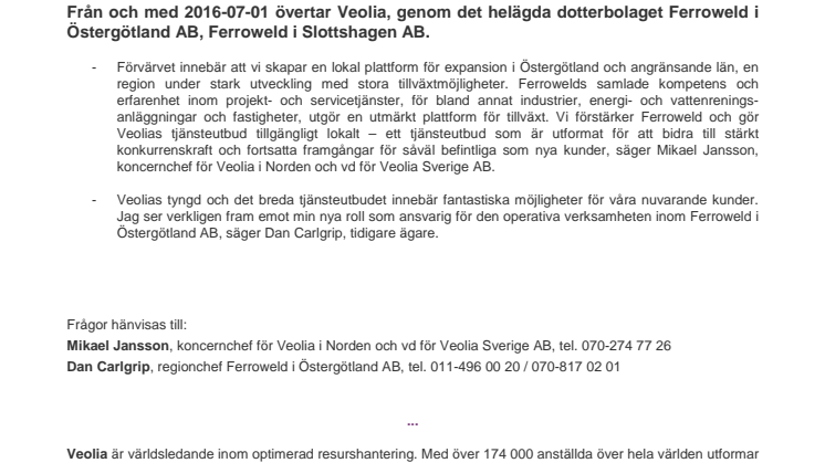 Veolia förvärvar verksamheten inom Ferroweld i Slottshagen AB 