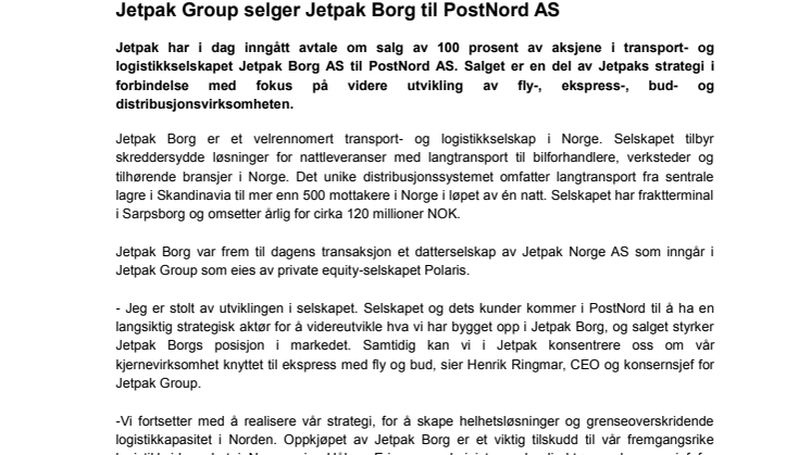 Jetpak Group selger Jetpak Borg til PostNord AS