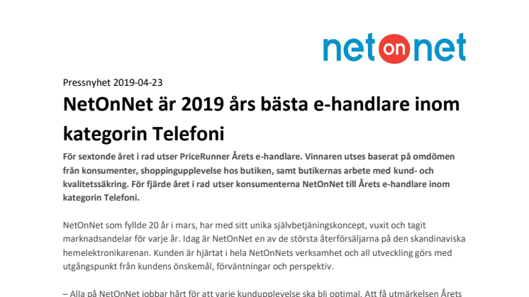 NetOnNet är 2019 års bästa e-handlare inom kategorin Telefoni