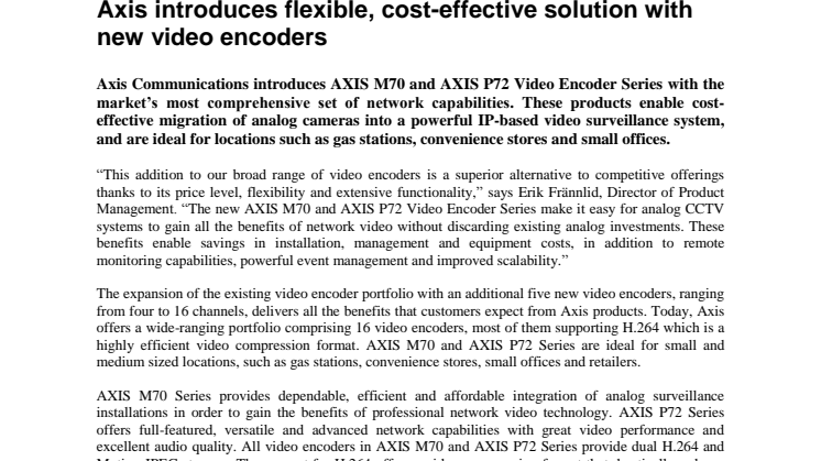 Axis introduces flexible, cost-effective solution with new video encoders