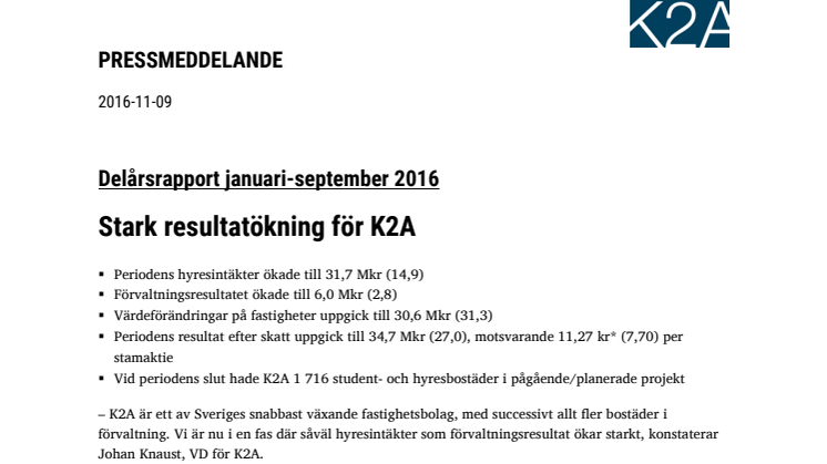 K2A delårsrapport januari-september 2016