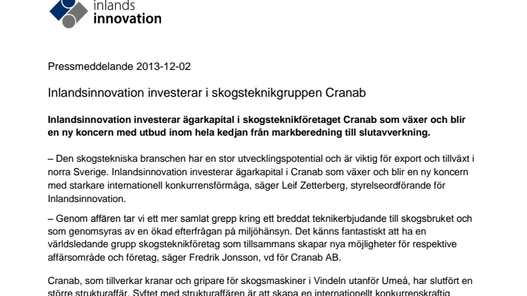 Inlandsinnovation investerar i skogsteknikgruppen Cranab 