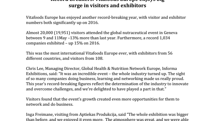 Record Breakers: Vitafoods Europe enjoys big  surge in visitors and exhibitors 