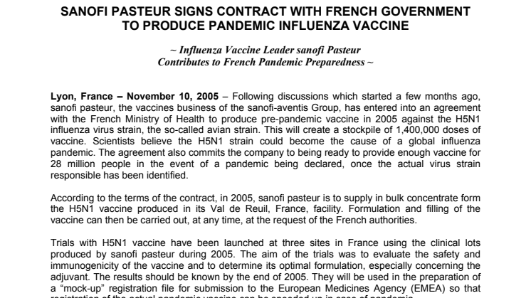 SANOFI PASTEUR SIGNS CONTRACT WITH FRENCH GOVERNMENT TO PRODUCE PANDEMIC INFLUENZA VACCINE