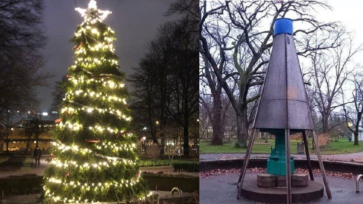 Skyddshöljet runt fontänen i Stadsträdgården före och efter att den blev omvandlad till gran.