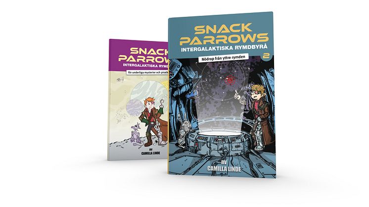 ”Snack Parrows intergalaktiska rymdbyrå: Nödrop från yttre rymden” är den andra boken i serien om Snack och hans vänner. Första boken ”Snack Parrows intergalaktiska rymdbyrå för underliga mysterier och piratbestyr” ses i bakgrunden.