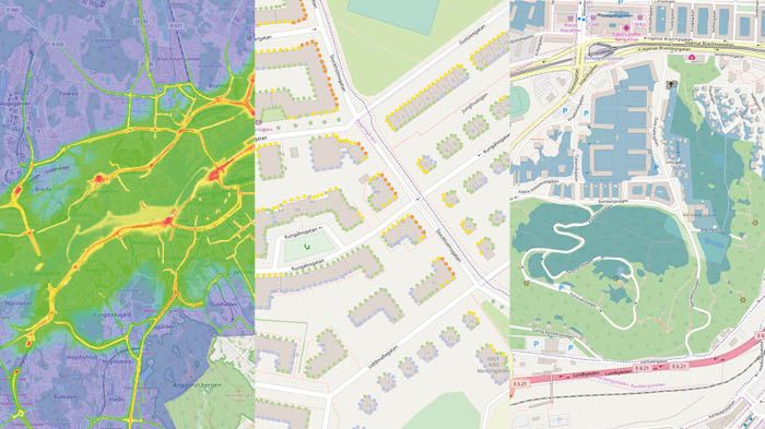 Kartbild över luftkvalitet, trafikbuller per våningsplan och karta över tysta områden i Göteborg.
