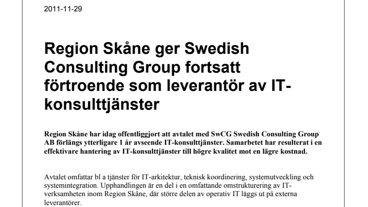 Region Skåne ger Swedish Consulting Group fortsatt förtroende som leverantör av IT-konsulttjänster