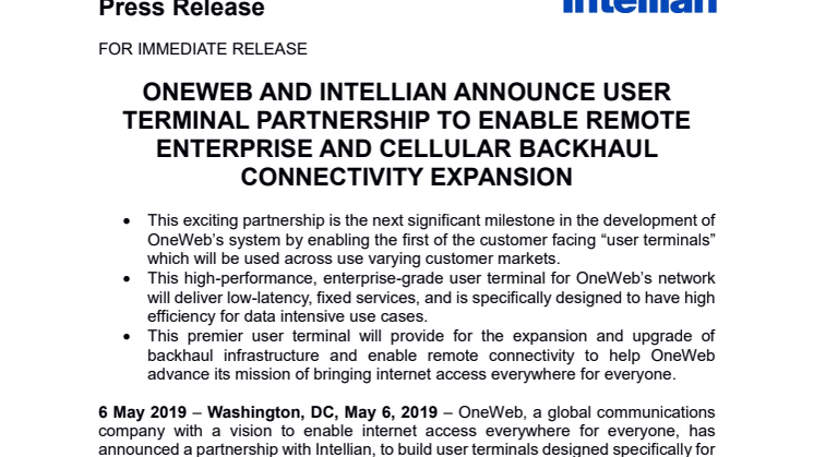 ONEWEB AND INTELLIAN ANNOUNCE USER TERMINAL PARTNERSHIP TO ENABLE REMOTE ENTERPRISE AND CELLULAR BACKHAUL CONNECTIVITY EXPANSION