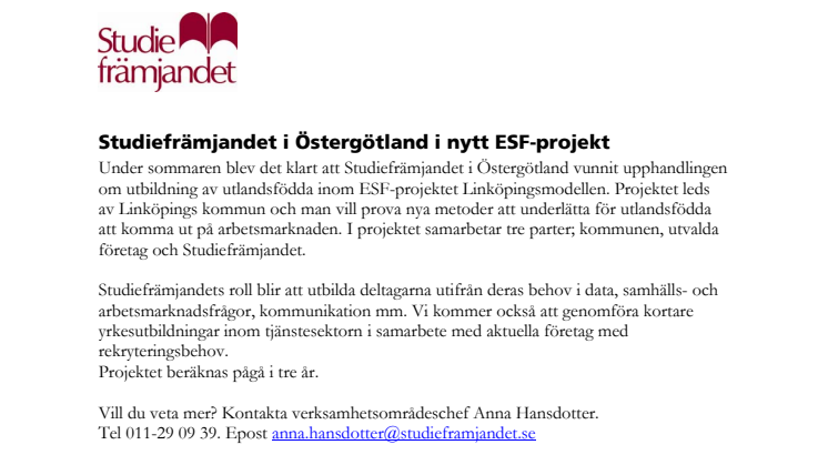 Studiefrämjandet i Östergötland i nytt ESF-projekt