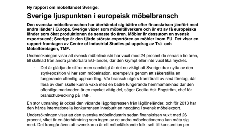 Ny rapport om möbellandet Sverige: Sverige ljuspunkten i europeisk möbelbransch