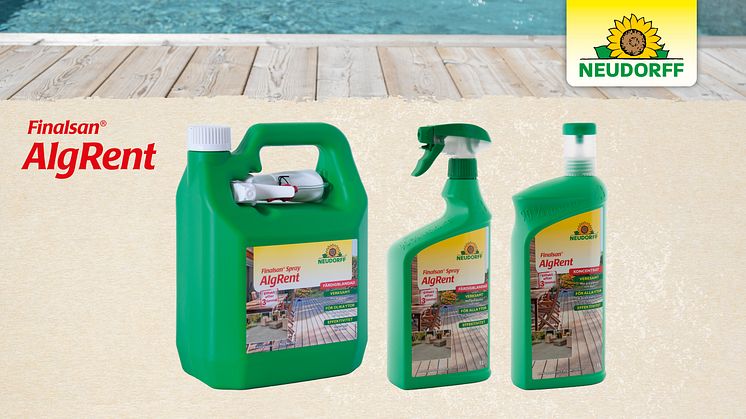 Neudorff Finalsan® AlgRent i tre storlekar: 3 L spray, 1 L spray och 1 L koncentrat.