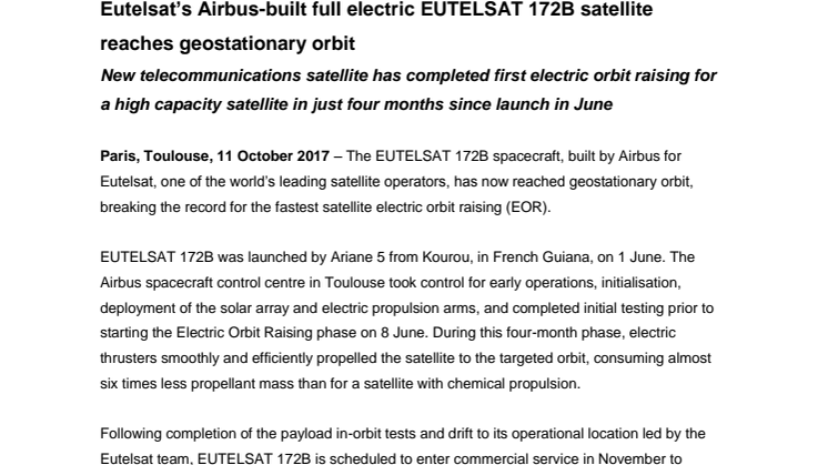 Eutelsat’s Airbus-built full electric EUTELSAT 172B satellite reaches geostationary orbit 
