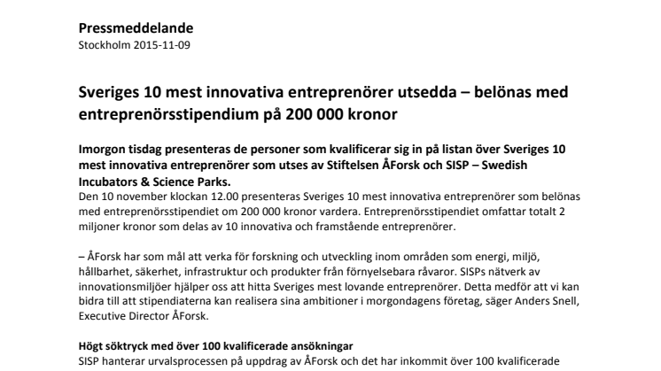 Sveriges 10 mest innovativa entreprenörer utsedda – belönas med entreprenörsstipendium på 200 000 kronor