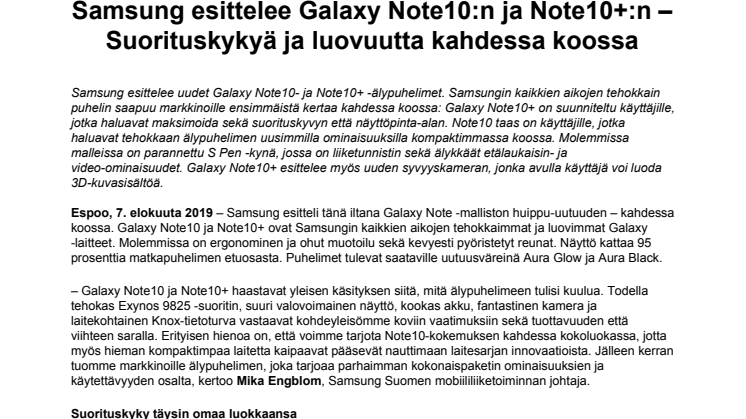 Samsung esittelee Galaxy Note10:n ja Note10+:n – Suorituskykyä ja luovuutta kahdessa koossa