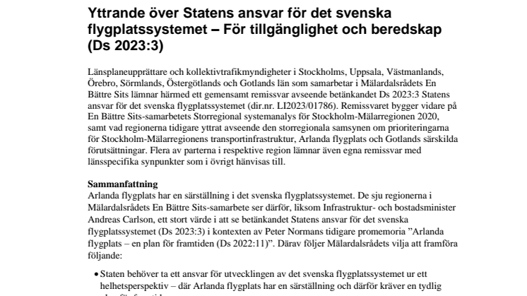 Mälardalsrådet Remissvar på Statens ansvar för det svenska flygplatssystemet.pdf