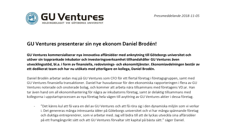 GU Ventures presenterar sin nye ekonom Daniel Brodén!