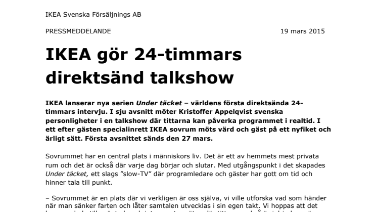 IKEA gör 24-timmars direktsänd talkshow