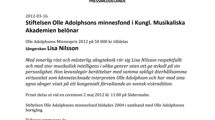 Lisa Nilsson tilldelas Olle Adolphsons minnespris