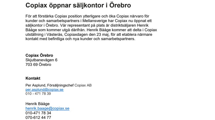 Copiax öppnar säljkontor i Örebro 