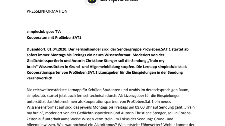 simpleclub goes TV: Kooperation mit ProSiebenSAT1 