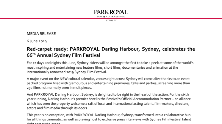 Red-carpet ready: PARKROYAL Darling Harbour, Sydney, celebrates the 66th Annual Sydney Film Festival