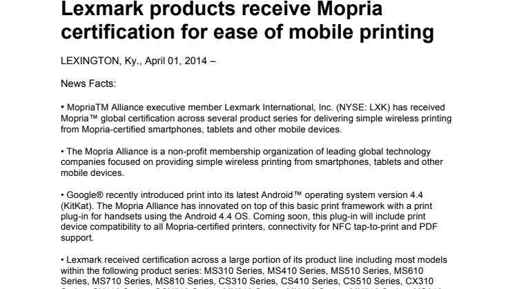 Lexmarks produkter tilldelas Mopria certifiering