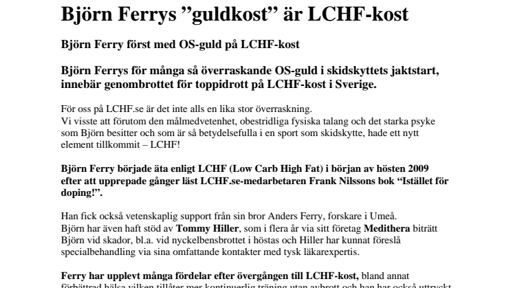 Björn Ferrys ”guldkost” är LCHF-kost