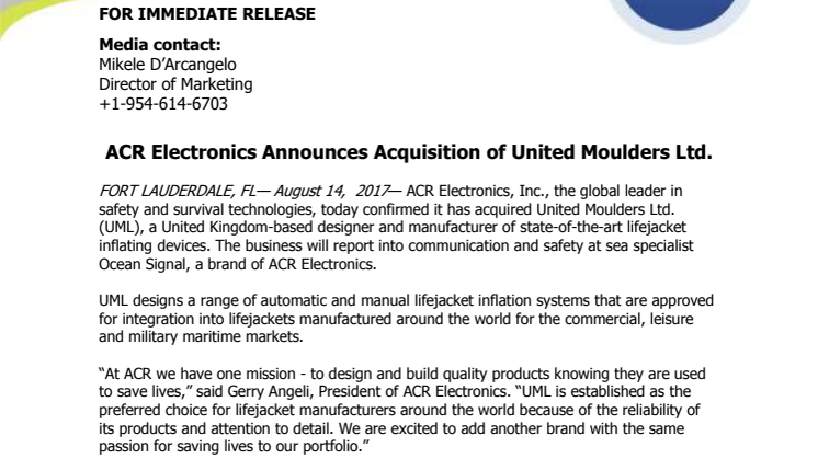 ACR Electronics Announces Acquisition of United Moulders Ltd.