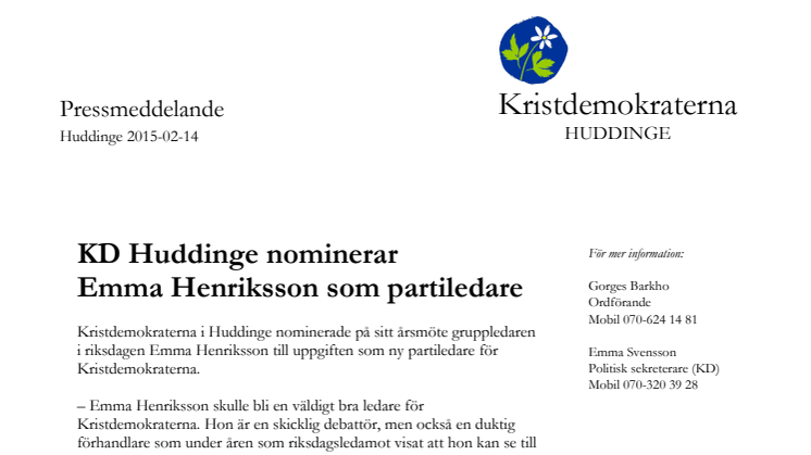 KD Huddinge nominerar Emma Henriksson som partiledare