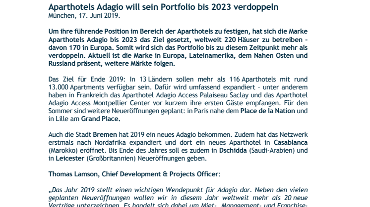Aparthotels Adagio will sein Portfolio bis 2023 verdoppeln