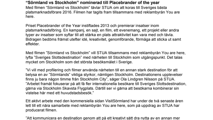 “Sörmland vs Stockholm” nominerad till Placebrander of the year