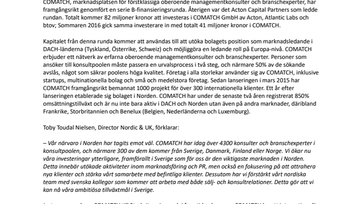 Serie B-finansieringsrunda för COMATCH: Den nätbaserade marknadsplatsen för oberoende konsulter tar in 82 miljoner kronor och ökar sitt fokus på den svenska marknaden