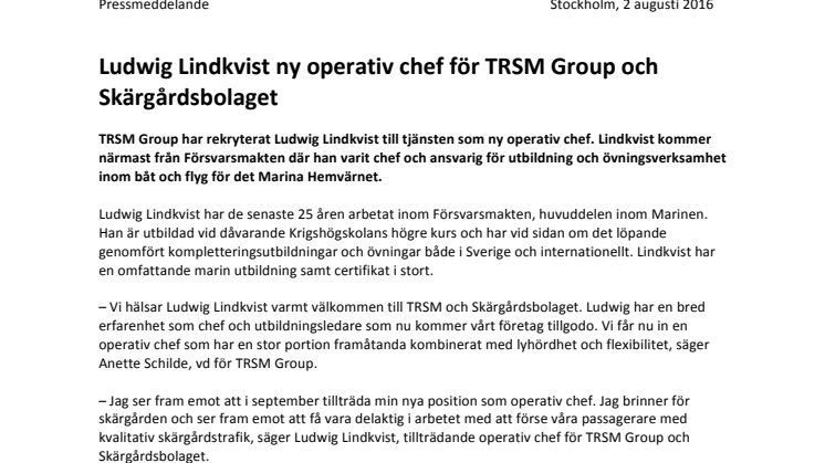 Ludwig Lindkvist ny operativ chef för TRSM Group och Skärgårdsbolaget