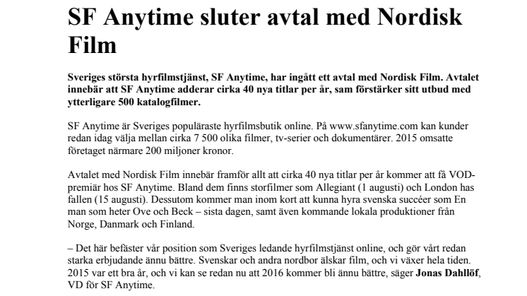 ​SF Anytime sluter avtal med Nordisk Film