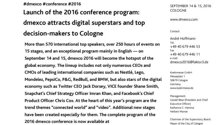Launch of the 2016 conference program: dmexco attracts digital superstars and top decision-makers to Cologne