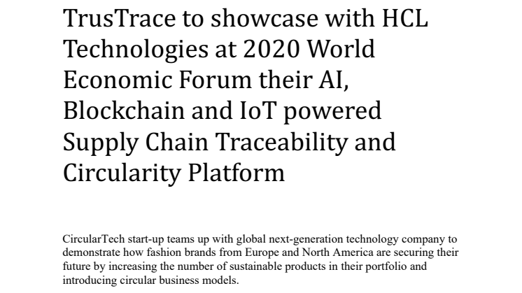 TrusTrace to showcase with HCL Technologies at 2020 World Economic Forum their AI, Blockchain and IoT powered Supply Chain Traceability and Circularity Platform 