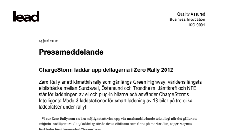 ChargeStorm laddar upp deltagarna i Zero Rally 2012