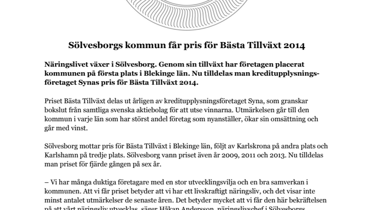 Sölvesborgs kommun får pris för Bästa Tillväxt 2014