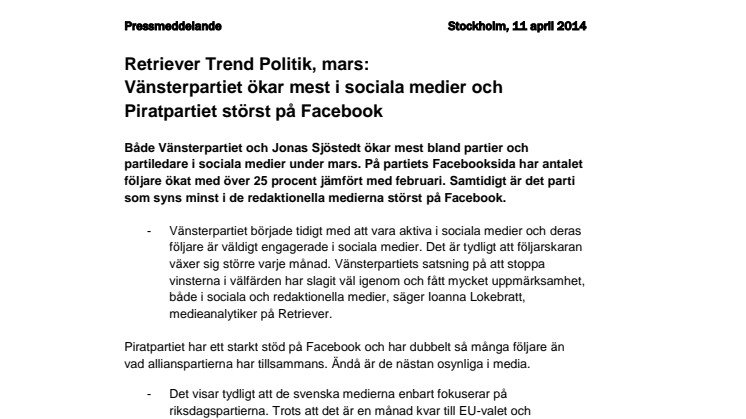 Vänsterpartiet ökar mest i sociala medier och Piratpartiet störst på Facebook