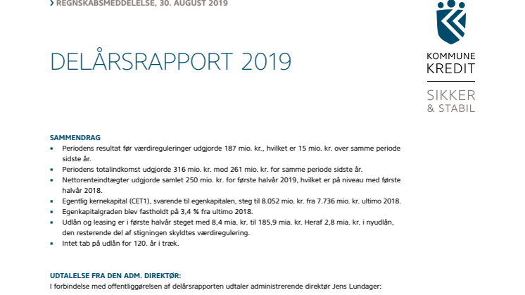 KommuneKredit offentliggør Delårsrapport 2019