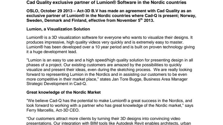 Cad Quality exclusive partner of Lumion® Software in the Nordic countries