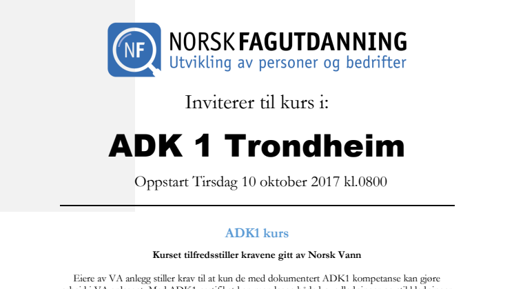 Invitasjon til ADK 1 kurs i Trondheim med oppstart 10 oktober 2017