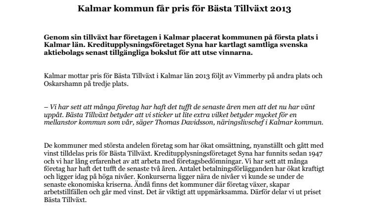 Kalmar kommun får pris för Bästa Tillväxt 2013