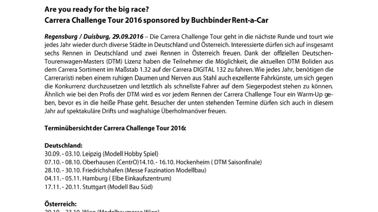 Are you ready for the big race? Carrera Challenge Tour 2016 sponsored by Buchbinder Rent-a-Car
